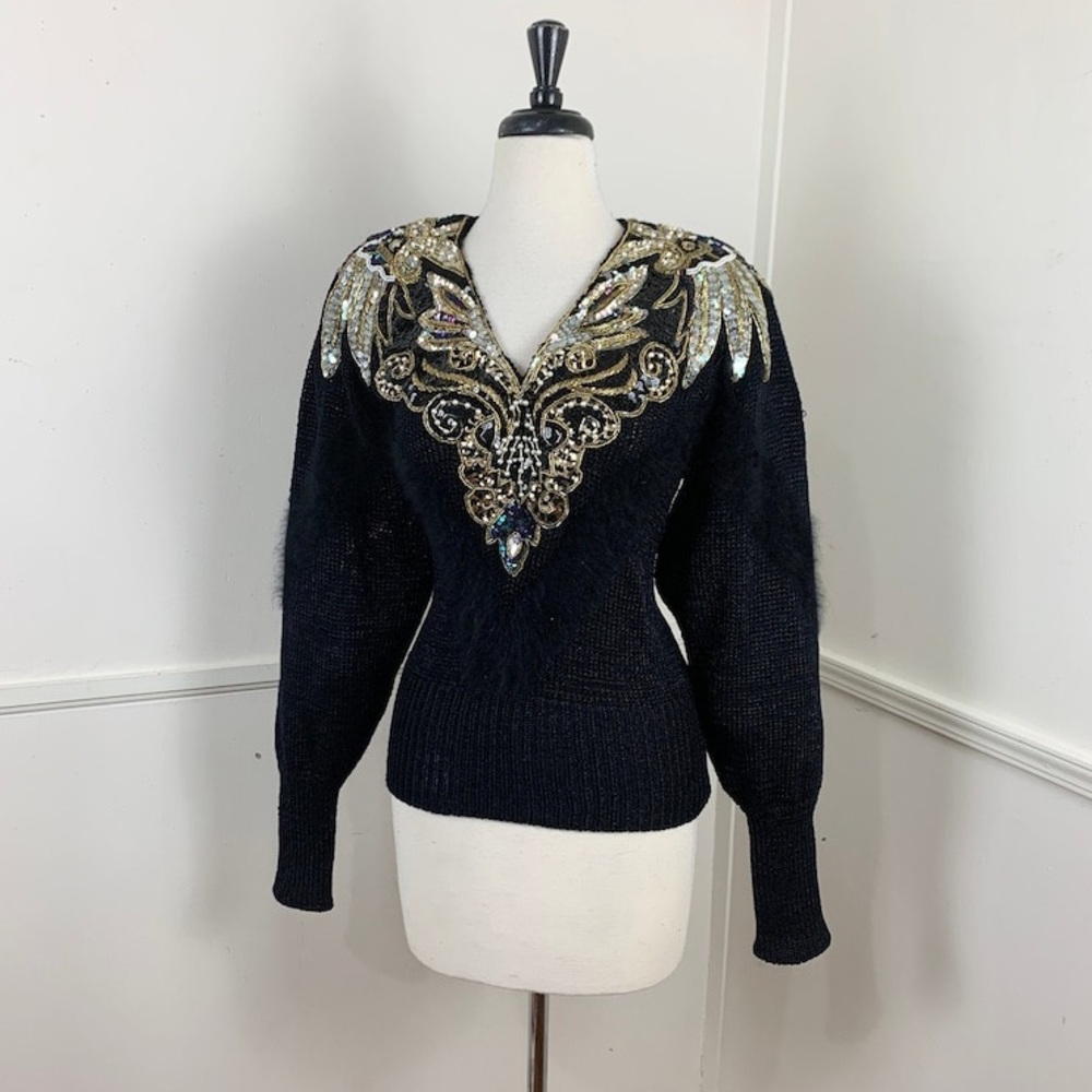 Vintage 80s *Side Effects* Heavily Beaded Sweater w Angora Fur Accent, Old Money